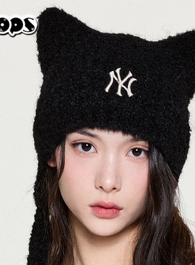 MLB猫耳帽黑色毛绒针织帽情侣保暖系带毛线帽2026新款3ABNV0756