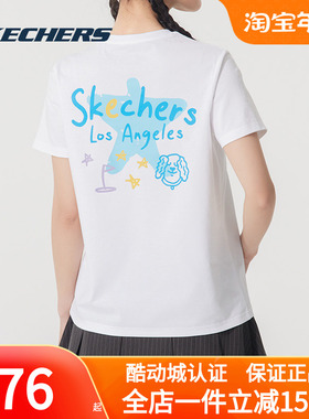 斯凯奇短袖女25新款白色圆领卡通印花休闲运动透气T恤P225W303