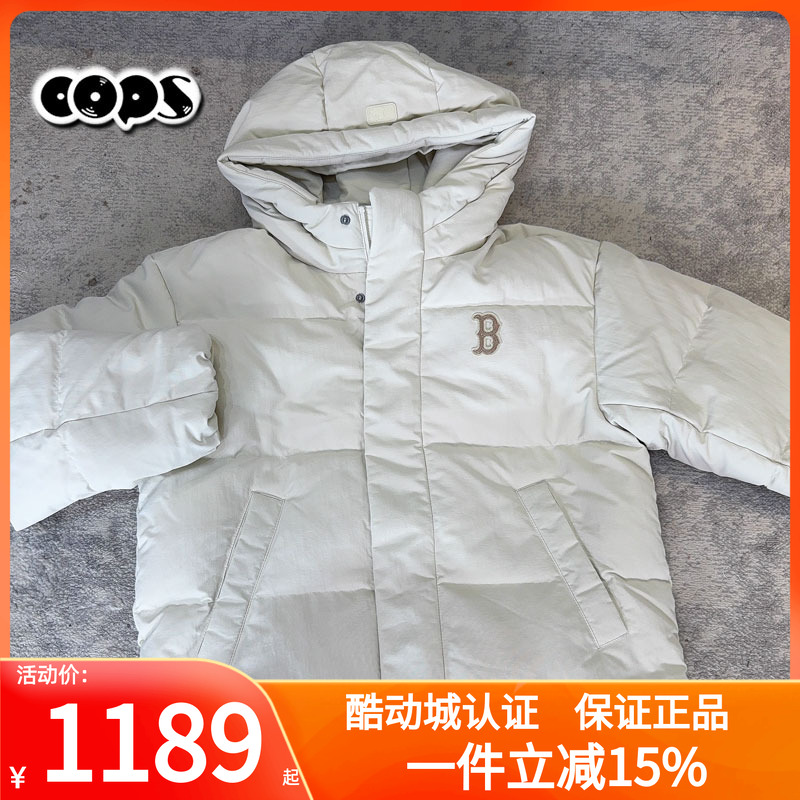 MLB男女外套米白色学院风纯色保暖连帽羽绒服25冬季新款3ADJV0356