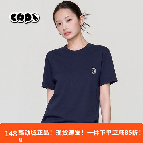 MLB官方男女同款圆领短袖T恤休闲经典款刺绣藏青色上衣3ATSB0163