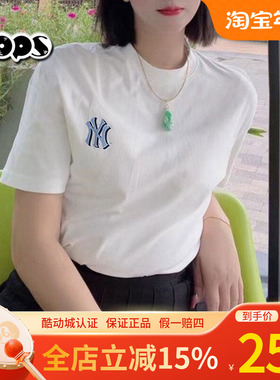 MLB短袖男女25新款NY老花情侣白色休闲圆领纯棉运动T恤3ATSM2153
