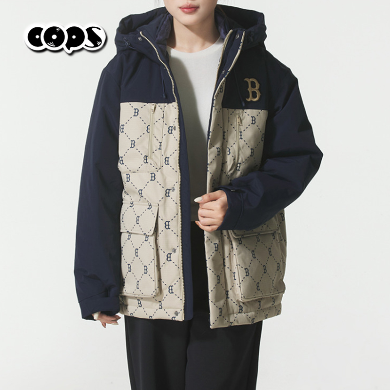 MLB情侣冬季钻石老花连帽羽绒服