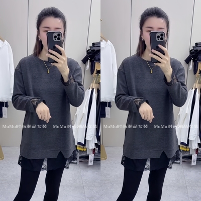 蕾丝袖口拼接宽松中长款t恤上衣