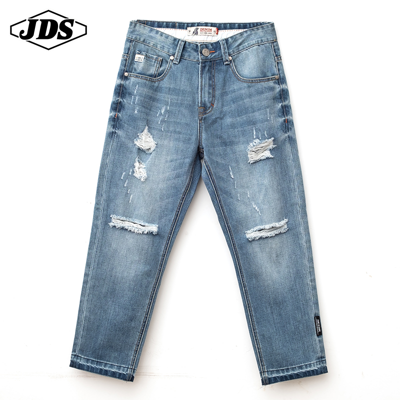 春夏季七分破洞牛仔裤大码男修身小脚宽松短裤哈伦7分裤薄款潮流