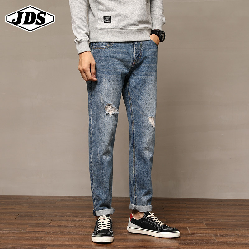 春秋季洗水做旧宽松破洞牛仔裤男修身小脚长裤浅色日系复古哈伦裤