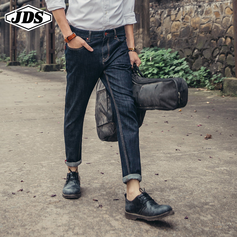 春夏季牛仔裤男黑色破洞弹力修身小脚九分日系修身直筒原色长裤潮