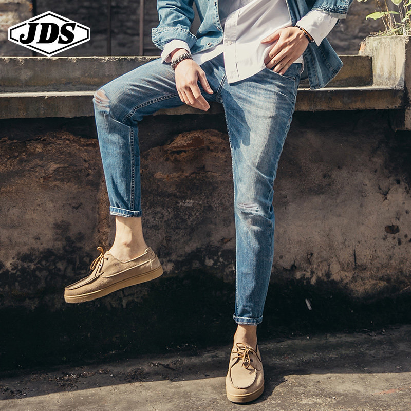 春秋直筒破洞九分牛仔裤男黑色宽松小脚修身弹力9分大码乞丐裤潮