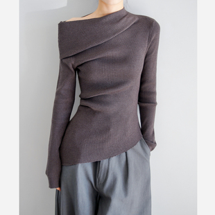 本相织物秋冬纯欲风不规则斜肩长袖针织打底衫女内搭修身显瘦上衣