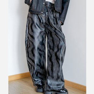 本相织物独家原创黑色刺毛宽松百搭弯刀裤加厚毛呢手工缝皮裤男女