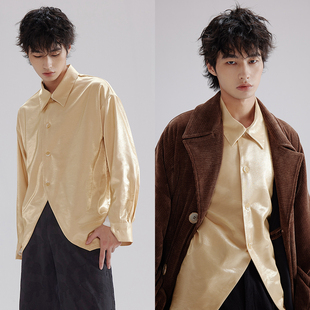 本相织物原创 新中式黄色光泽感长袖衬衫 复古尖领设计感燕尾衬衣