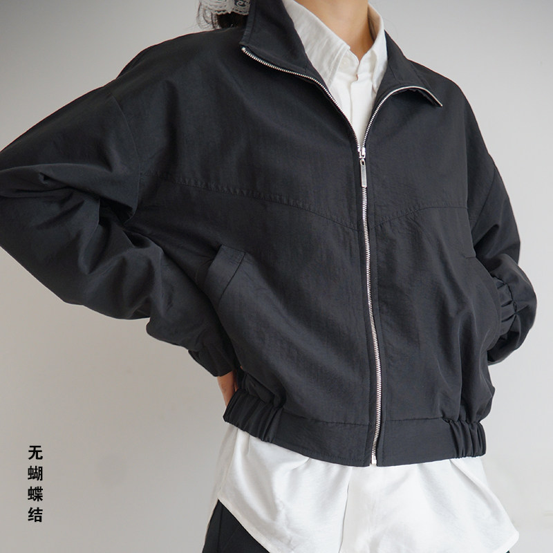 本相织物原创设计复古宽肩百搭外套 黑色短款立领中性夹克男女款