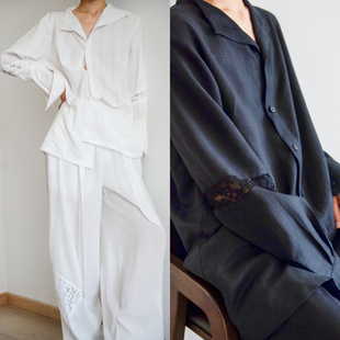 本相织物中国风黑色亚麻镂空蕾丝拼接衬衫宽松薄款透气长袖防晒衣