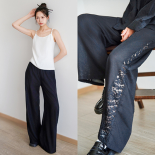 本相织物设计感蕾丝拼接休闲直筒艺术生长裤夏日轻薄垂坠感阔腿裤