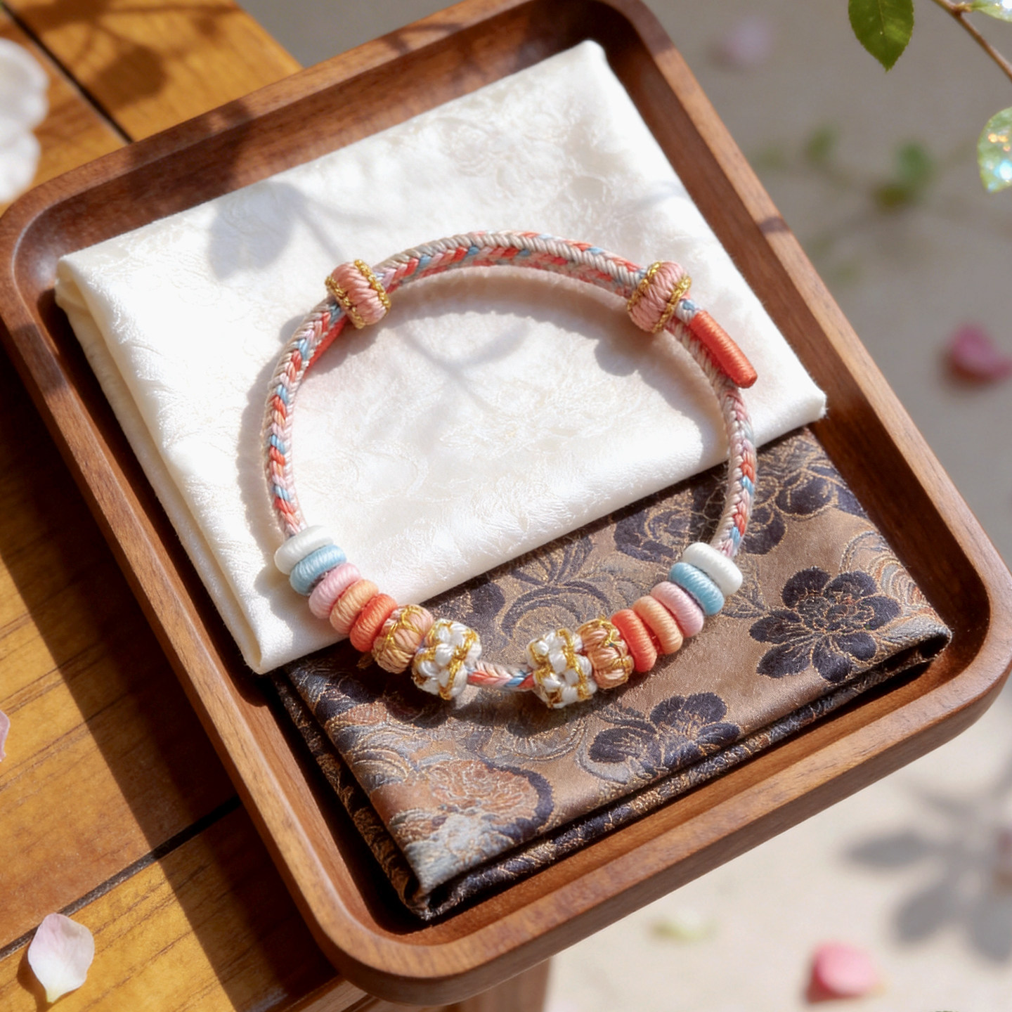 甜美风手工编织绳粉色彩绳可爱手绳可穿珠黄金转运珠调节编绳手链