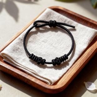 纯黑色手工编织绳简约DIY手绳可穿珠串黄金转运珠可调节编绳手链
