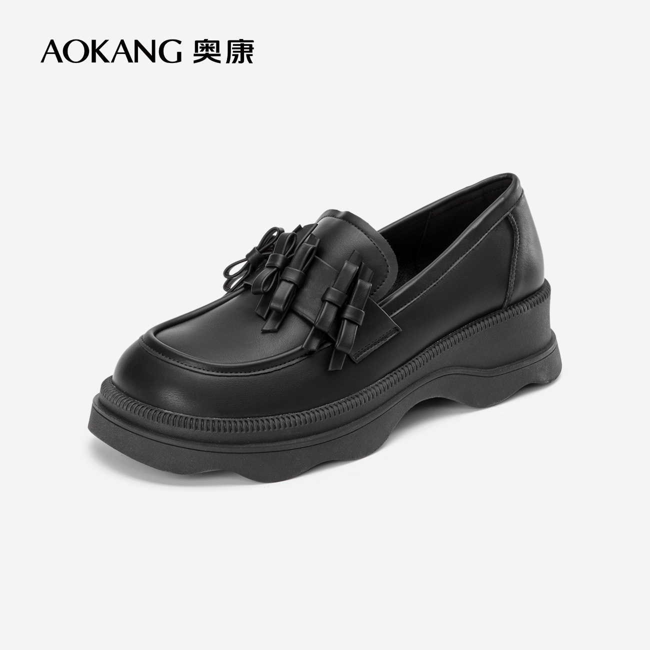 奥康女鞋 春季新款甜美休闲时尚乐福鞋蝴蝶结少女小皮鞋黑色