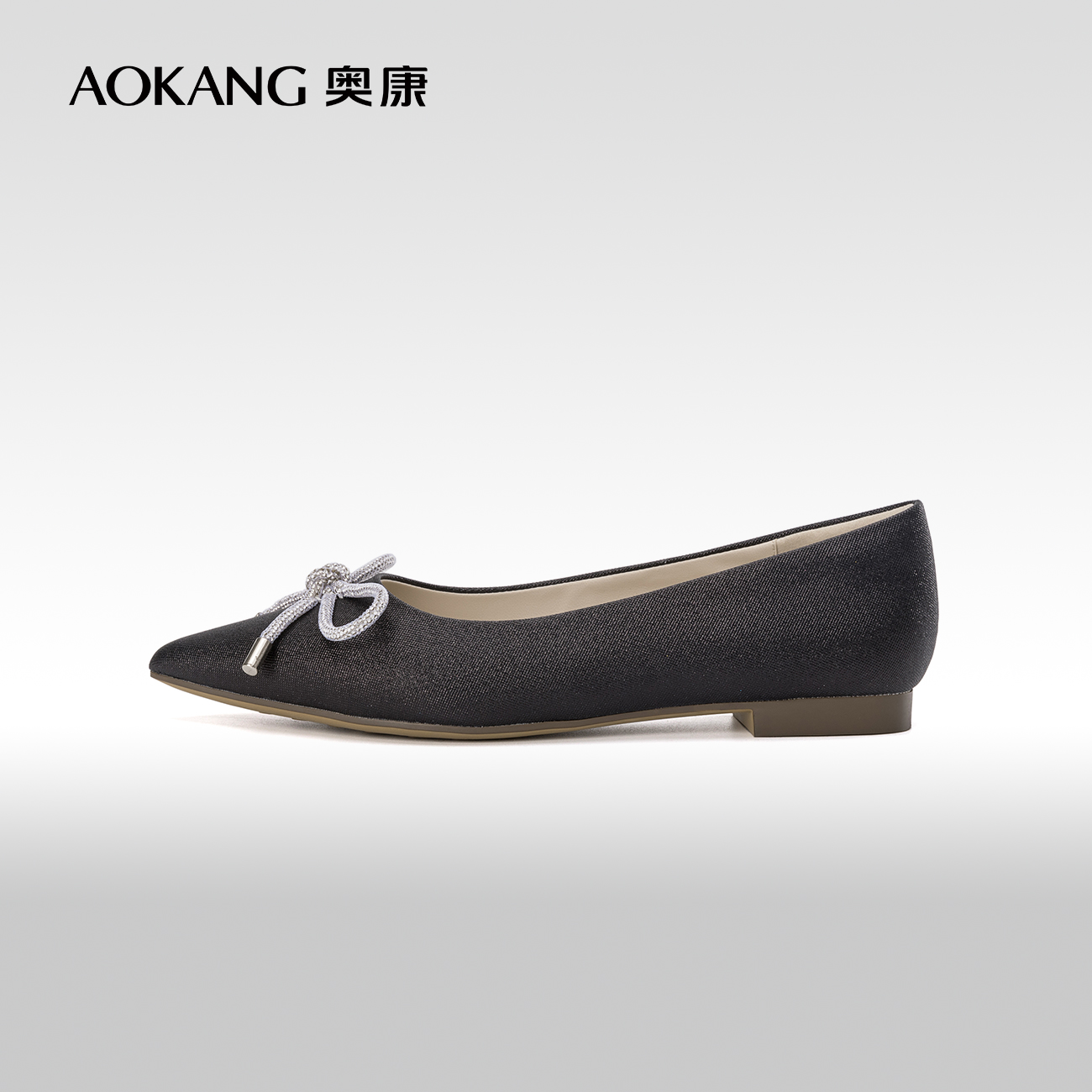奥康女鞋 春季新款蝴蝶结简约气质舒适时尚尖头单鞋平底鞋