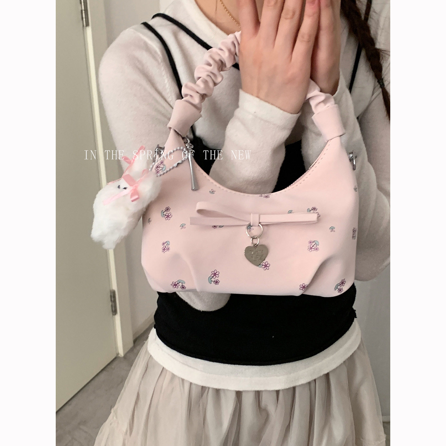 韩版时尚褶皱女士手提包2026新款花朵印花腋下包时尚单肩斜挎包