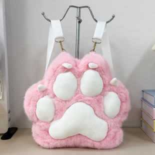 bags卡通立体猫爪毛绒包秋冬2025新款 日系甜美百搭旅行双肩包