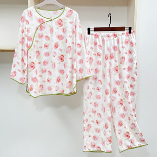 选色定做夏棉绸睡衣成人女薄款 夏天 国风中式 家居服绵绸空调服套装