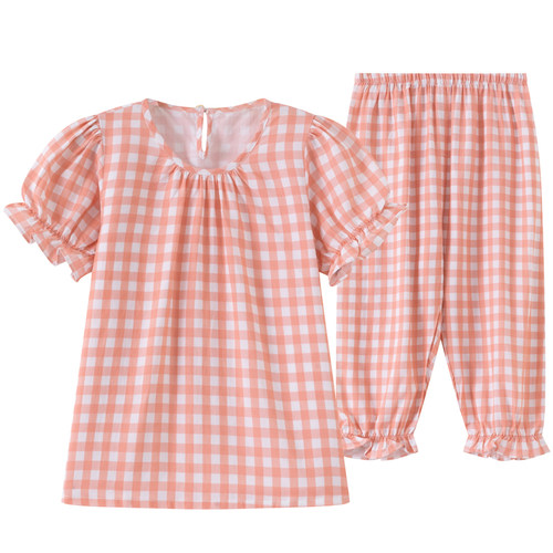 裁缝店定做女童棉绸睡衣套装女童花边袖娃娃衫女孩家居服空调服夏