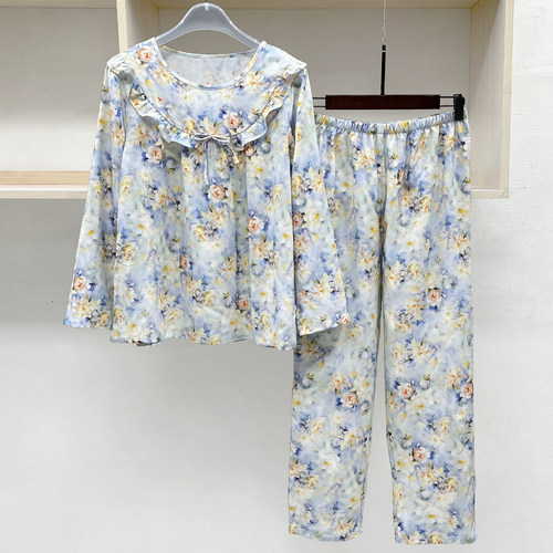 裁缝店选色定做女佰汇福棉绸睡衣套装成人荷叶边人造棉家居服夏