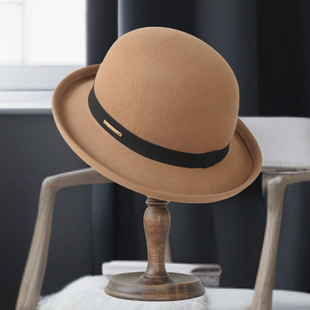 秋冬新品澳洲羊毛呢毡帽圆顶翻边卷边英伦复古小礼帽女士温暖驼色