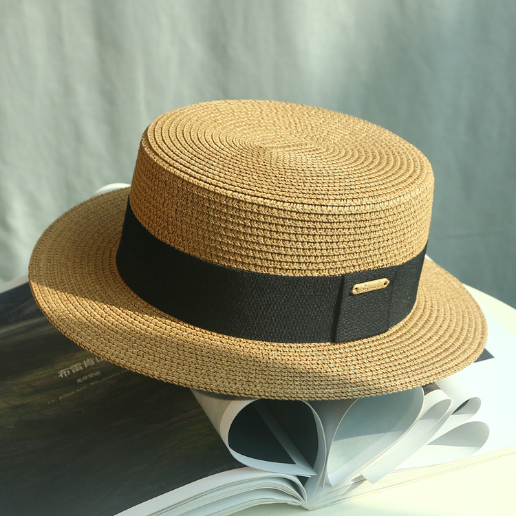 原创～出口韩国法式平顶遮阳草帽女休闲度假防晒帽复古老钱风礼帽