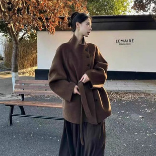 MOYAN羊绒大衣双面呢大衣外套女收腰毛呢立领系带韩系双面女短款