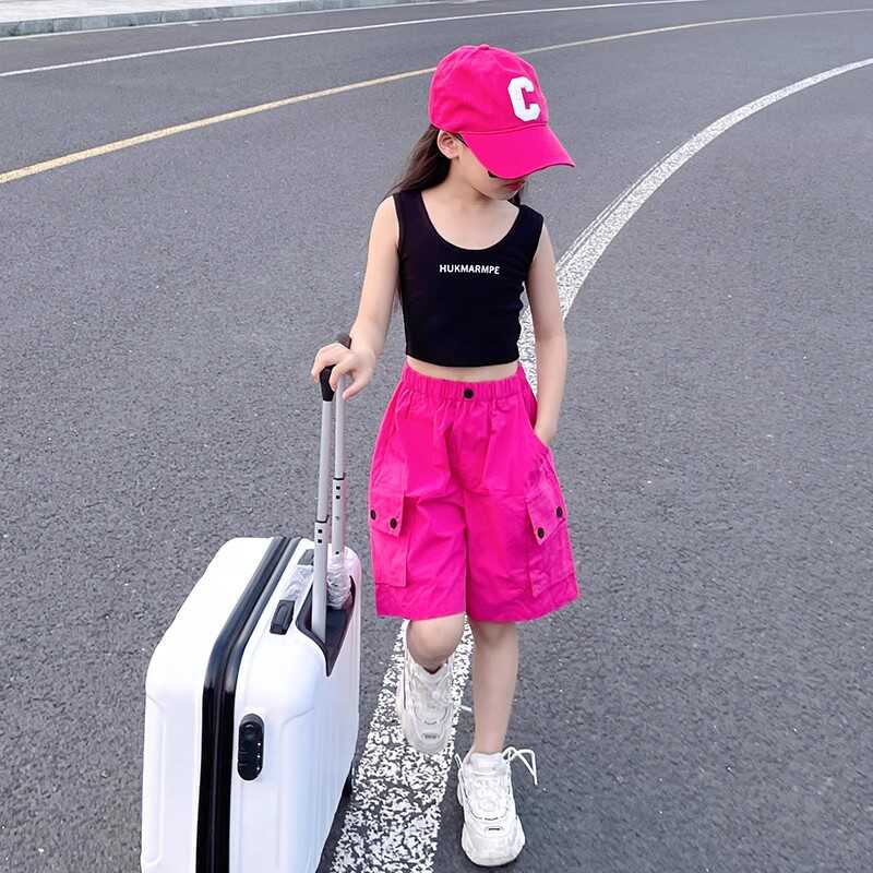 法国Fad Cardin女童工装短裤套装2024新款玫红色中美式速干五分裤
