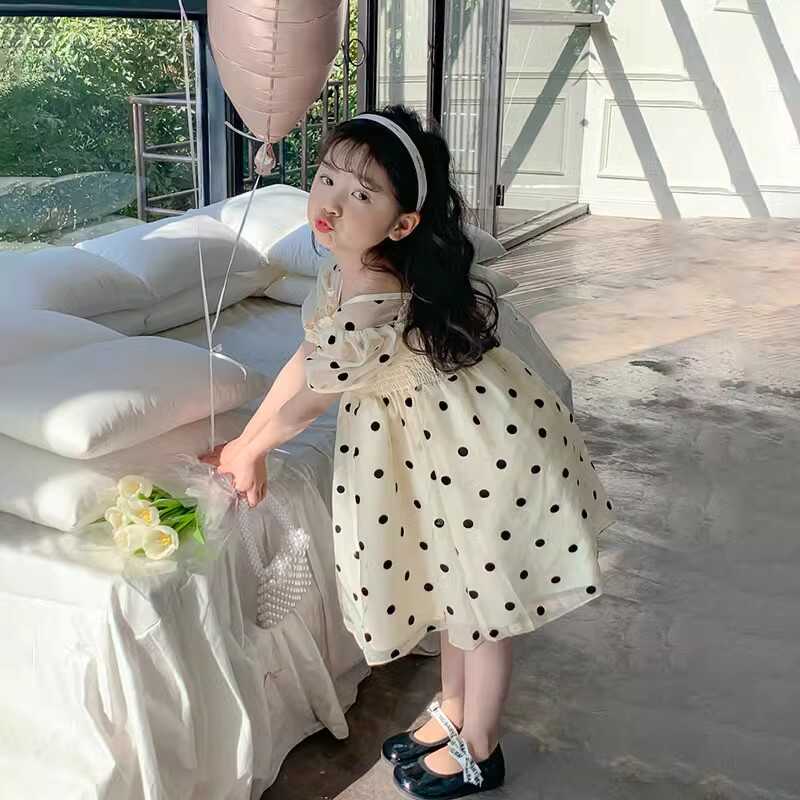 法国Fad Cardin女童夏季连衣裙2024新款洋气波点小公主裙周岁礼服