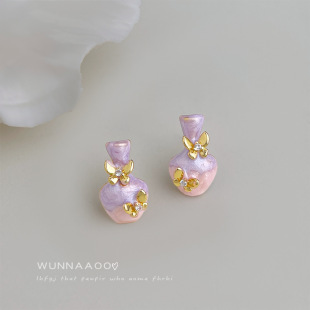 原创设计花瓶蝴蝶珐琅滴釉手工彩绘s镀银针新款 耳饰清新甜美耳钉