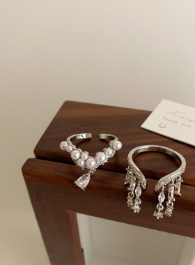 珍珠锆石流苏金属开口戒指女设计感小众复古个性简约百搭气质指环