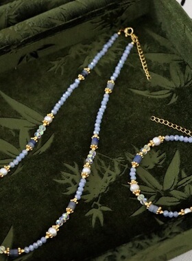 天然淡水珍珠百搭项链蓝色天然石串珠锁骨链小众设计轻奢拼接颈链