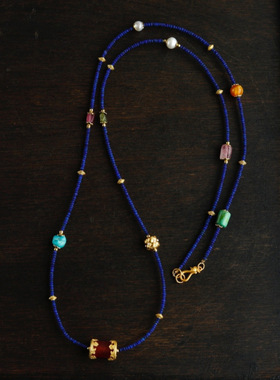 天然青金石小珠子多圈多宝设计手链项链两用款搭配珍珠碧玺配饰.