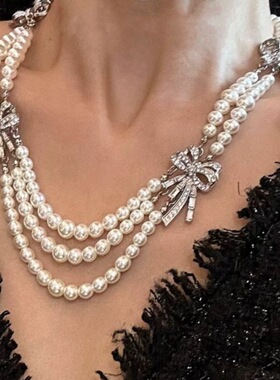 复古vintage法式多层珍珠镶钻蝴蝶结项链多层次锁骨链中古毛衣链