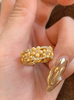 小红书爆款富桂桂花戒指Vintage中古拉丝小桂花指环点钻花朵尾戒