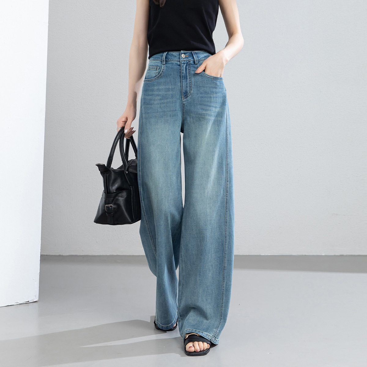 兴依璐高腰阔腿莱赛尔牛仔裤女2026夏季梨型身材垂感宽松拖地长裤