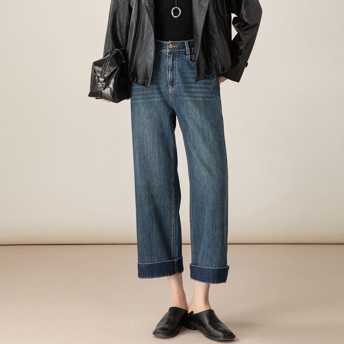 兴依璐小个子窄版阔腿牛仔裤女秋季新款天丝垂感高腰九分直筒裤子