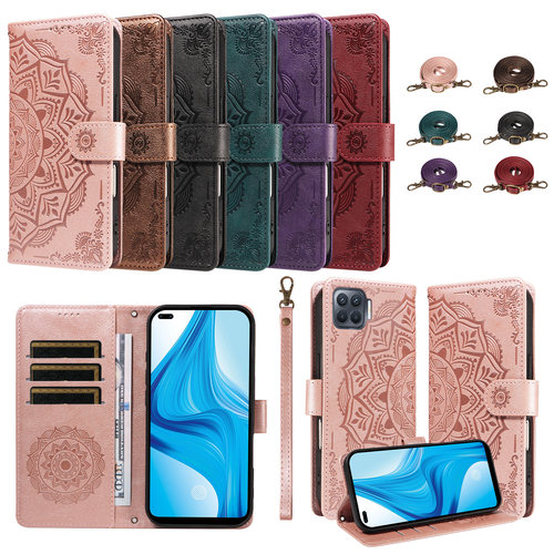 新款时尚曼陀罗适用于OPPOF17pro翻盖皮套带斜挎肩带手机壳Reno4Lite/4F全包防摔A93/A73保护套