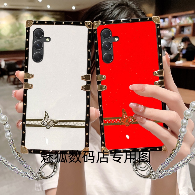 新款镶钻蝴蝶适用于三星A12方形电镀手机外壳A12全包边四角加厚防摔带手链保护套