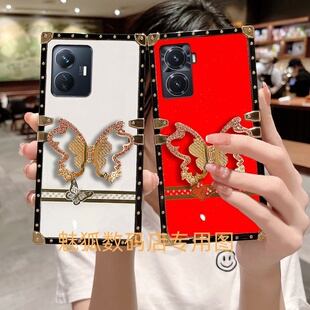 魅狐新款镶钻蝴蝶适用于vivoY77t方形电镀手机壳Y77E全包四角防摔带蝴蝶支架保护套