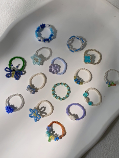 蓝色集合串珠戒指蝴蝶花朵四叶草手工编织小众设计可爱戒指