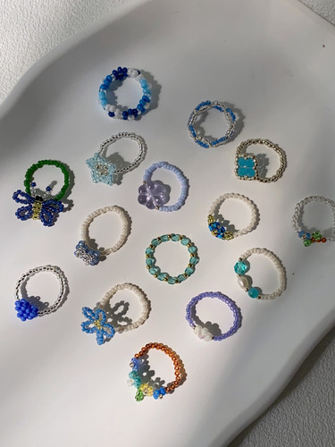 蓝色集合串珠戒指蝴蝶花朵四叶草手工编织小众设计可爱戒指