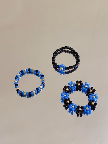 HUYA手作蓝黑串珠戒指少女简单搭配小众设计风格米珠戒指