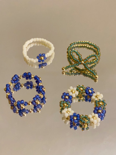 HUYA手作蓝莓果酱串珠戒指蝴蝶结花朵可爱小众彩色百搭指环撞色