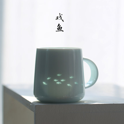 子木鱼玲珑陶瓷杯子简约办公室水杯盖茶杯景德镇咖啡杯男生日礼物