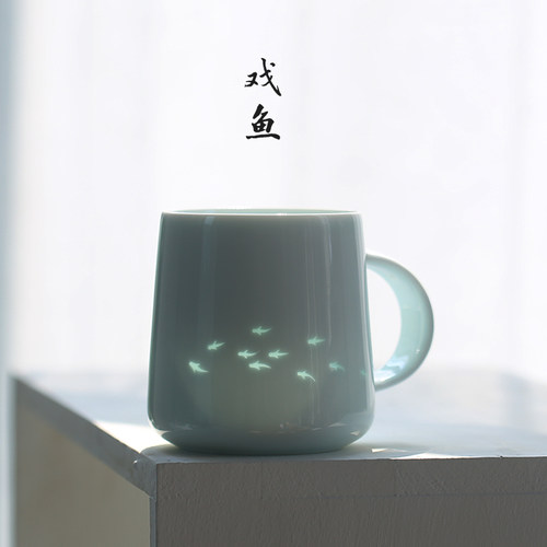 子木鱼玲珑陶瓷杯子简约办公室水杯盖茶杯景德镇咖啡杯男生日礼物