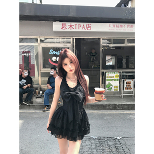 Mejiu蜜九 黑色蛋糕裙 辣妹蕾絲收腰掛脖連衣裙女夏季 夜半舞曲