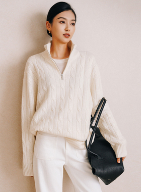 chris羊毛麻花翻领毛衣老钱复古半拉链宽松显瘦polo针织衫上衣女